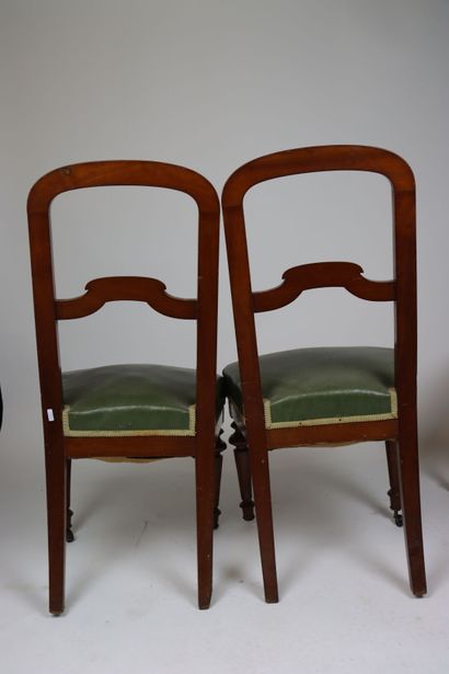 Suite of six mahogany chairs with green leather...