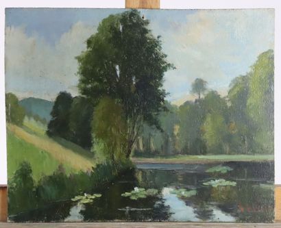 École du XXe siècle, Paysage lacustre, huile...