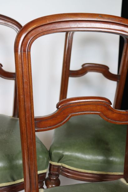 Suite of six mahogany chairs with green leather...