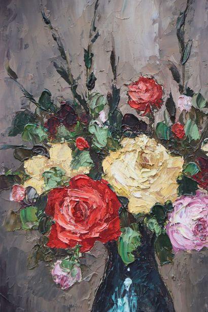 École du XXe siècle. Bouquet de fleurs. Huile...
