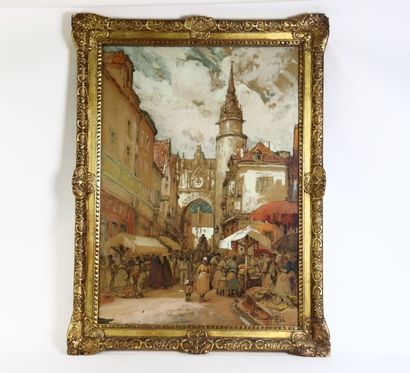 Eugène VILLON (1879-1951. Auxerre, the market....