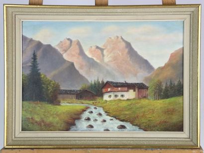 Ecole française XXe. Paysage de ferme. Huile...