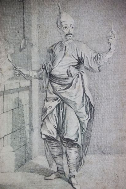 École XIXe. L'alchimiste. Gravure en noir....