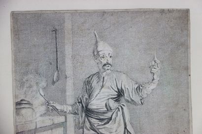 École XIXe. L'alchimiste. Gravure en noir....