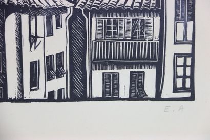 LORY MARS (XX) Paysage de toits. Lithographie...