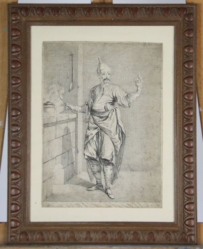 École XIXe. L'alchimiste. Gravure en noir....