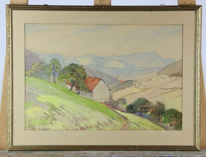 M. WORING (XXe). Paysage de campagne. Aquarelle...