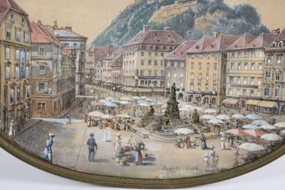 André WILDHACK. View of a busy city. Oval...