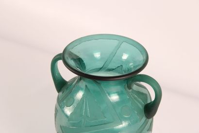 Vase with two handles and flared neck. Acid-etched...