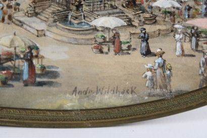 André WILDHACK. View of a busy city. Oval...