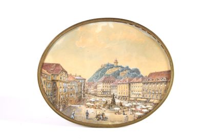 André WILDHACK. View of a busy city. Oval...