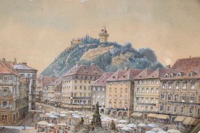 André WILDHACK. View of a busy city. Oval...