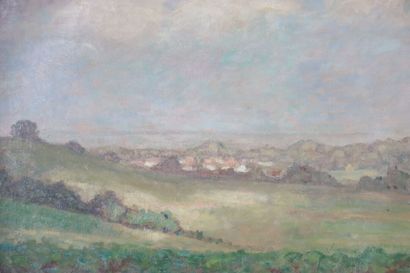 École française XIXe. Paysage de village....