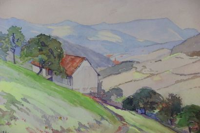 M. WORING (XXe). Paysage de campagne. Aquarelle...