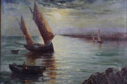 École XXe. Voiliers au coucher du soleil....