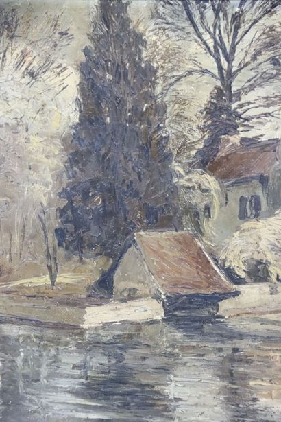Ecole française du XXe. Paysage lacustre....