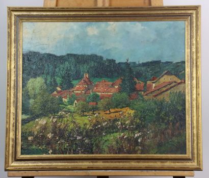 SALMON (XXe). Village des Ardennes. Huile...