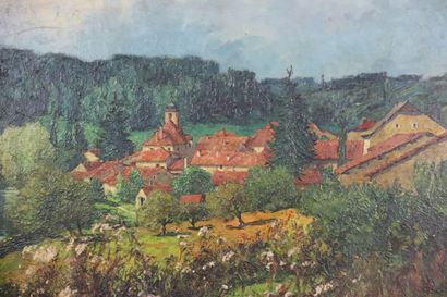 SALMON (XXe). Village des Ardennes. Huile...