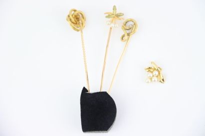 3 gold tie pins, 1 gold and white pearl pendant....