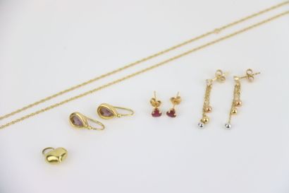 1 tangled gold neck chain, 2 pairs of gold...