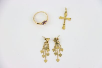 1 gold cross pendant, 1 gold and violet stone...