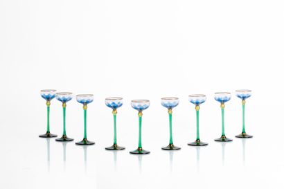Suite of 9 glass liqueur glasses with plant...