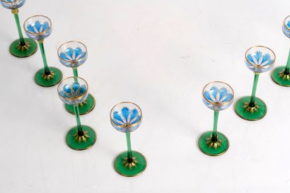 Suite of 9 glass liqueur glasses with plant...