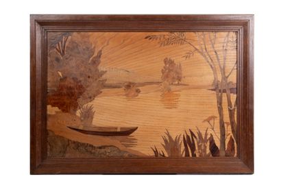 Fruitwood marquetry panel depicting a lake...