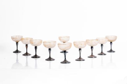 Set of ten champagne glasses with acid-etched...