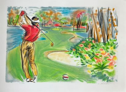 Michèle SALMON (1946-).
Golf.
Paire de lithographies...