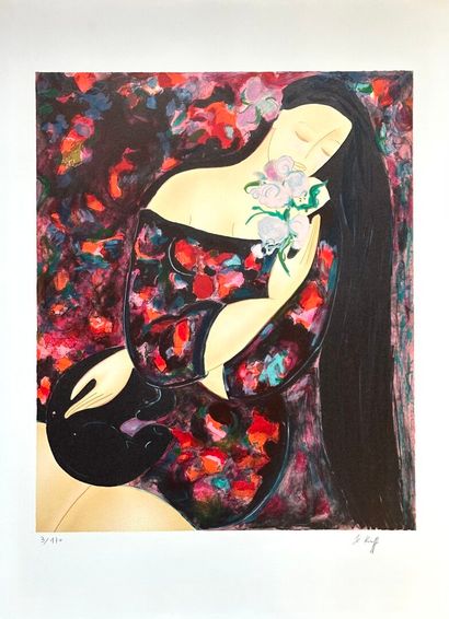 Linda le KINFF (1949-).
Femme aux fleurs.
Lithographie...