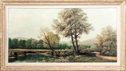 École Française du XXe.
Paysage lacustre.
Huile...