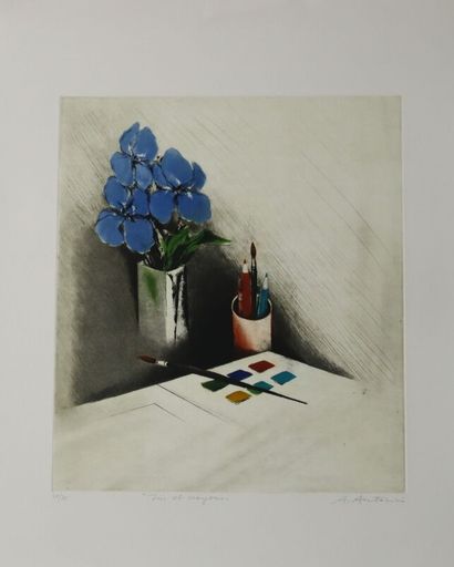 Annapia ANTONINI (1942-).
Iris et crayons.
Gravure...