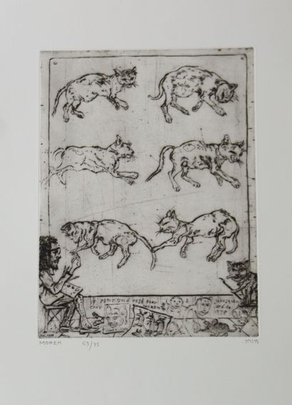 Mordecaï MOREH (1937-).
Étude de chats.
Gravure...