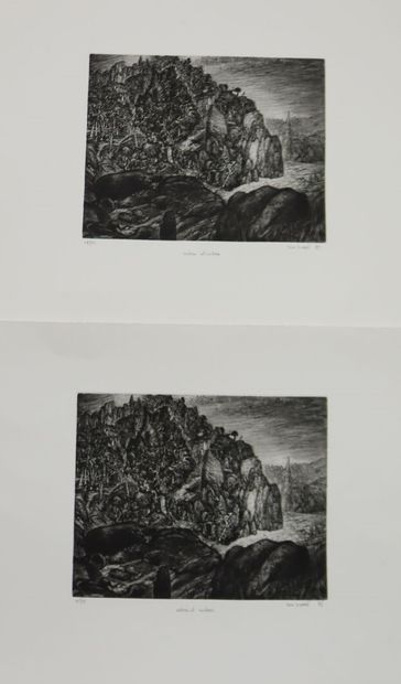 Yves DOARE (1943-).
Réunion de deux lithographies.
Arbres...