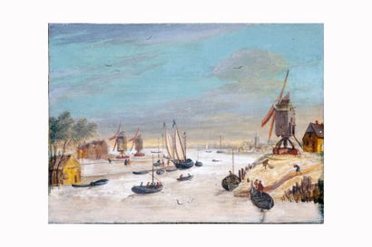 Ecole flamande (XVIII)
Moulins en hiver 
Huile...