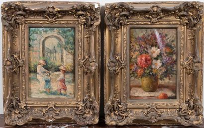 Ecole moderne, 

Lot de deux huiles sur toile...