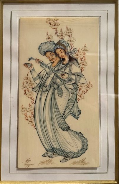 Lot de deux peintures orientales sur os 

20...