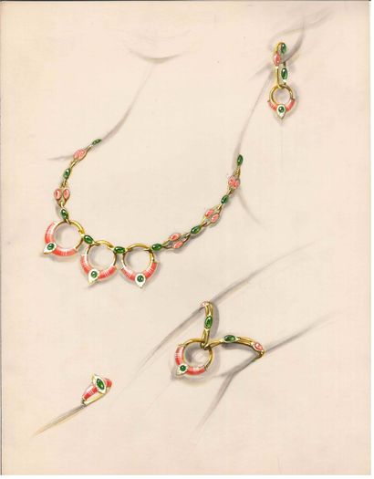 Lot de quatre dessins de joaillerie, gouaches...