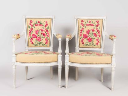 Pair of rectangular-backed armchairs in molded...