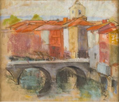 Ecole moderne 
Vue de village 
Pastel 
Dim.:...
