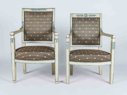 Two cream lacquered wood armchairs with rectangular...