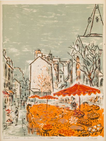 Daniel VACHER (XX) 
Vue de village 
Lithographie...