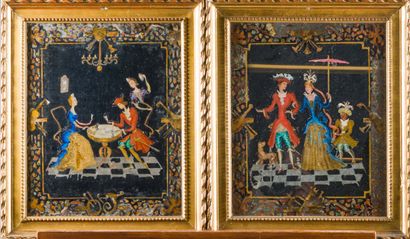 Paire de miroirs en verre églomisé représentant...