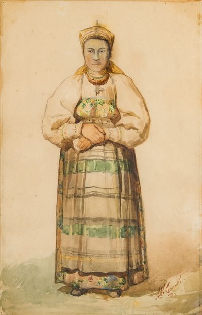 Ecole Russe 
Portrait de paysanne 
Aquarelle...