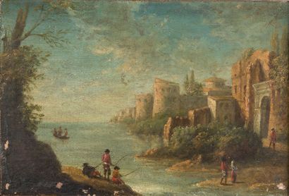 Ecole du XVIIIe siècle 
Pêcheurs le long...