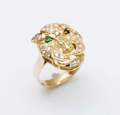 Bague lion en or jaune 14 carats (585 millièmes)...