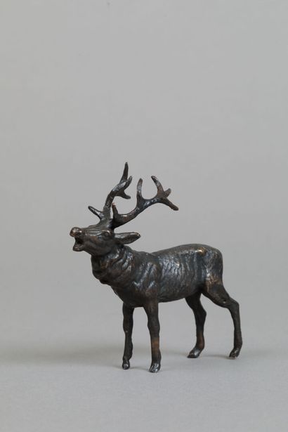 Petit cerf bramant en bronze à patine brune.
10...