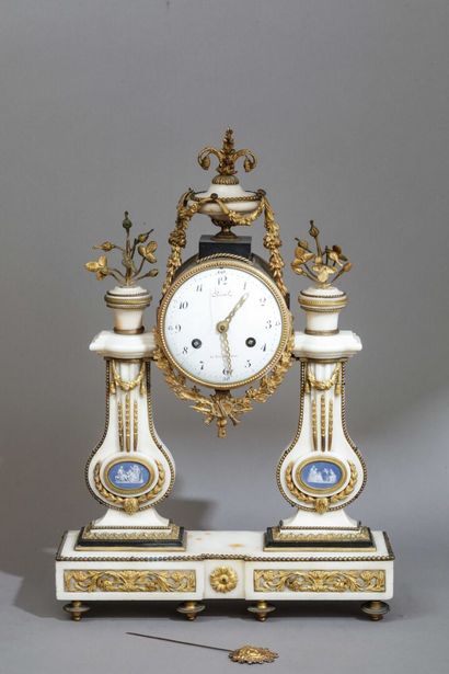 Louis XVI portico clock in white marble and...