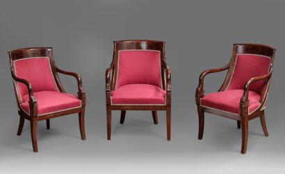 Suite of three mahogany gondola-back armchairs,...